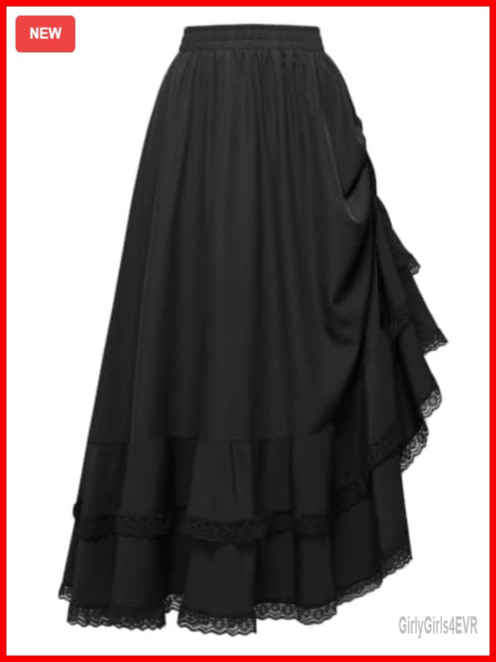 Womens Renaissance Maxi Skirt Polyester Spandex Tiered Ruffle Lace Trim